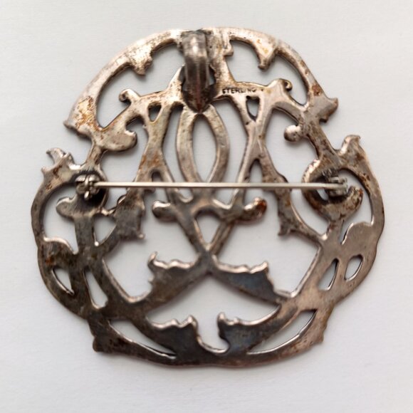 Antique Brooch Pin Pendant Sterling Silver Art Nouveau Intertwined Vines Leaves - Picture 2 of 8